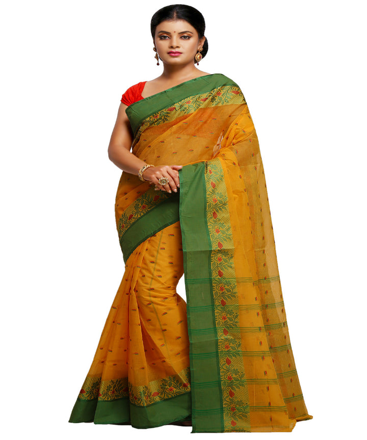 Yellow green handwoven tangail tant cotton bengal saree