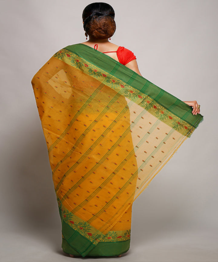 Yellow green handwoven tangail tant cotton bengal saree