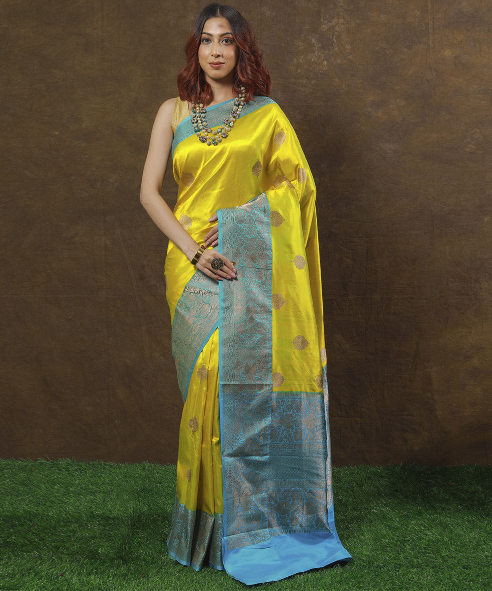 Lemon yellow and blue silk handloom banarasi saree