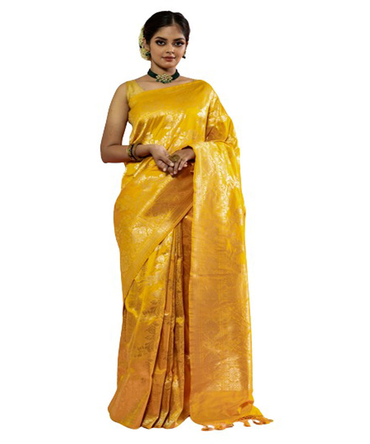 Yellow handloom silk fekua jaal banarasi saree