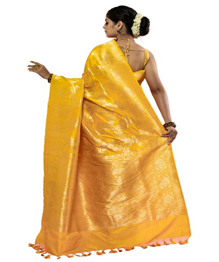 Yellow handloom silk fekua jaal banarasi saree