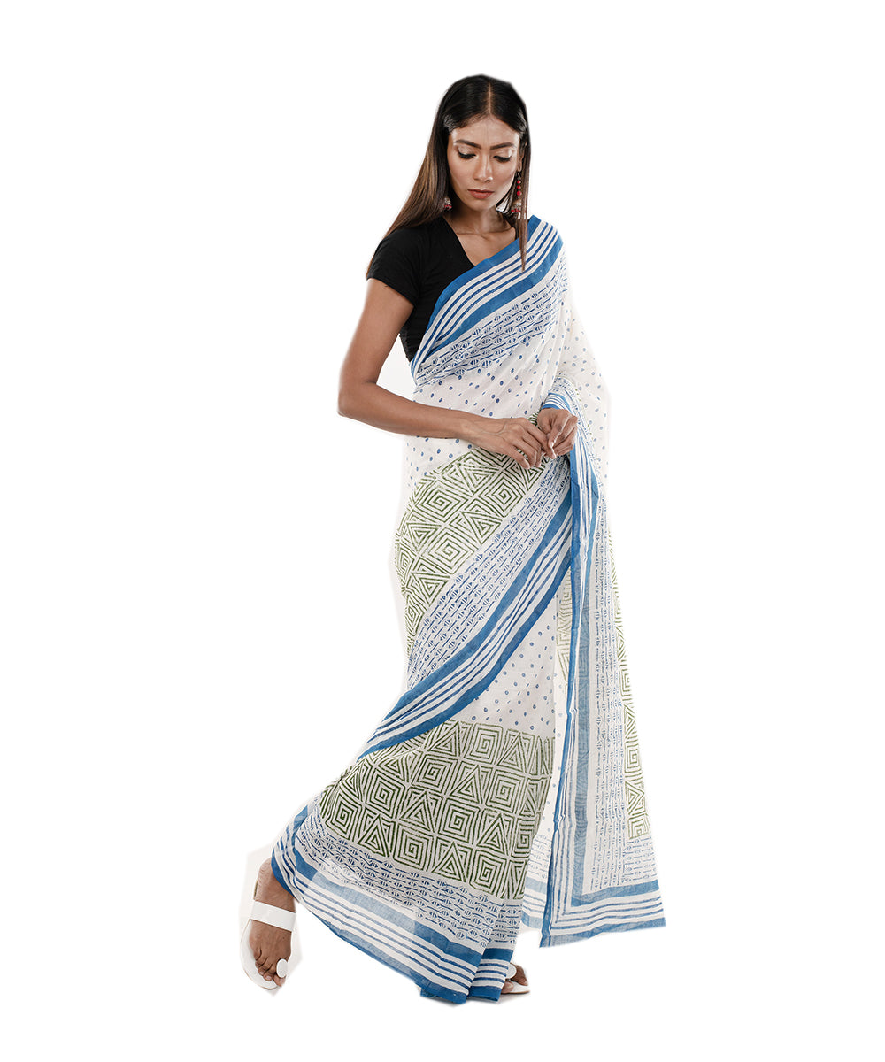 White blue handblock printed bengal cotton saree