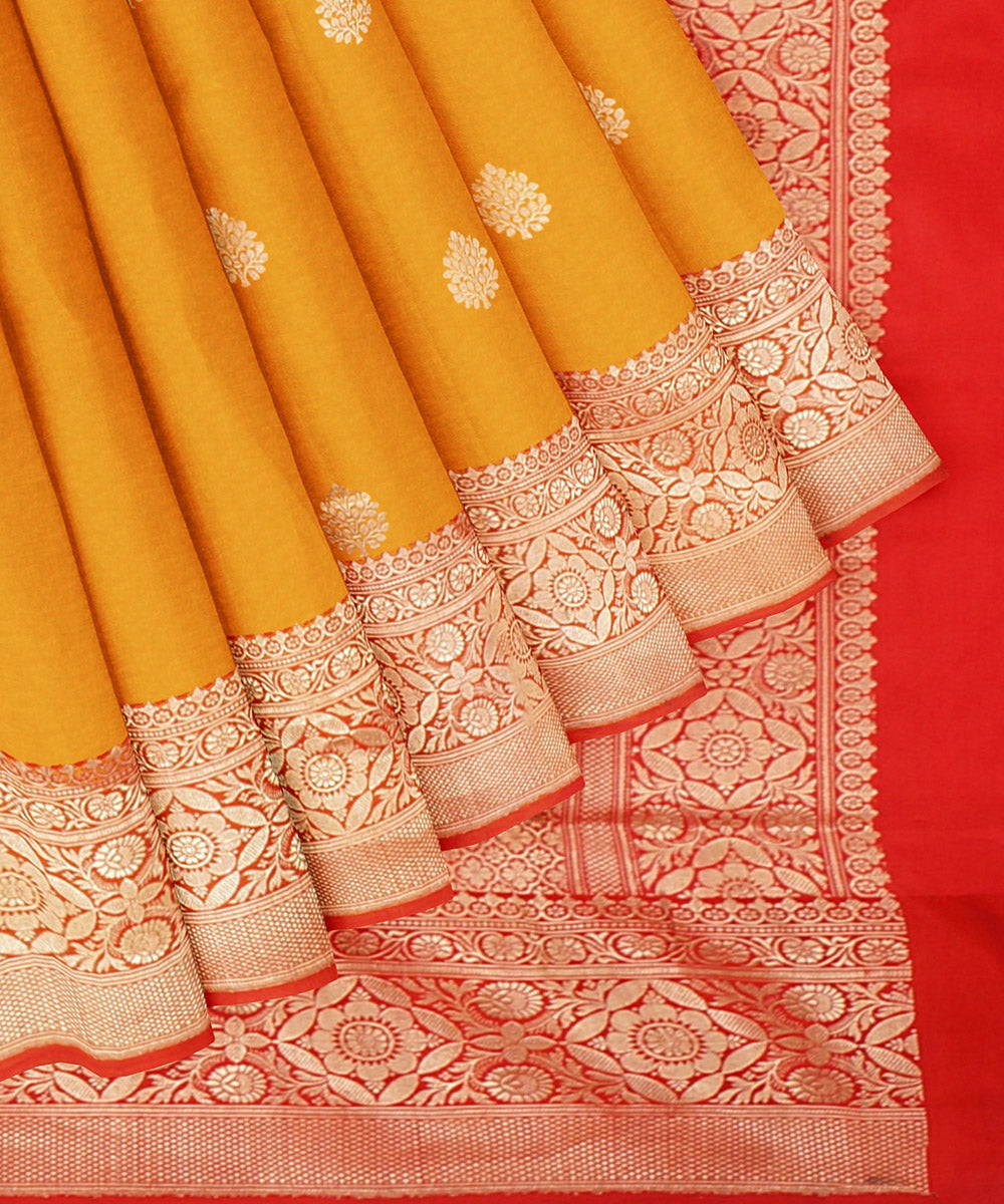 Mustard and red silk handwoven banarasi saree