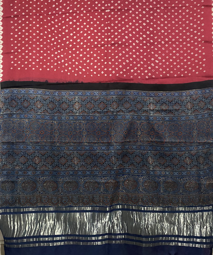Pink blue hand printed bandhani modal silk saree
