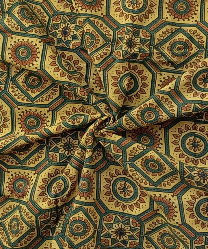 2.5m Yellow green ajrakh print handspun handloom cotton kurta fabric