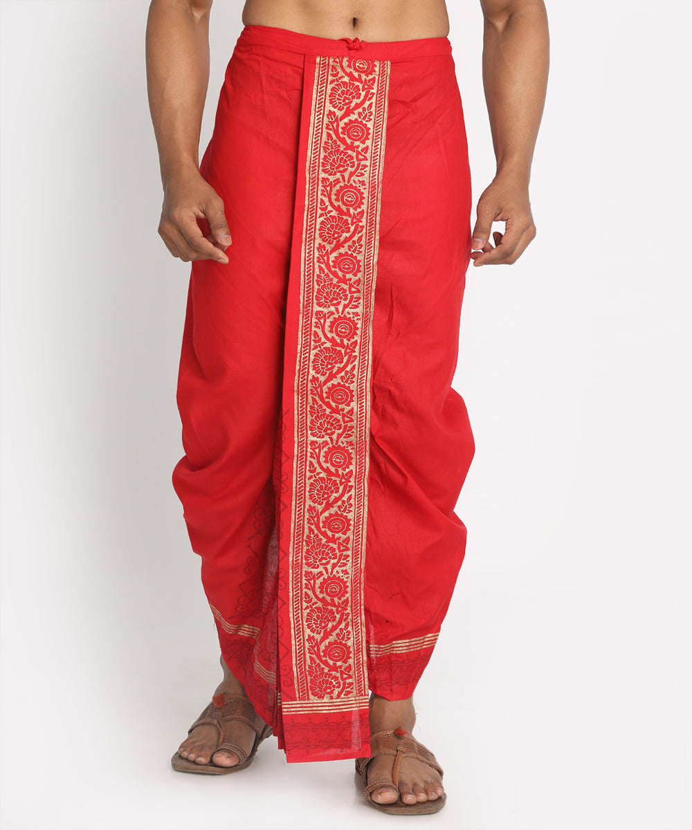 Red cotton floral pattern ready to wear stitched handblock print dhoti