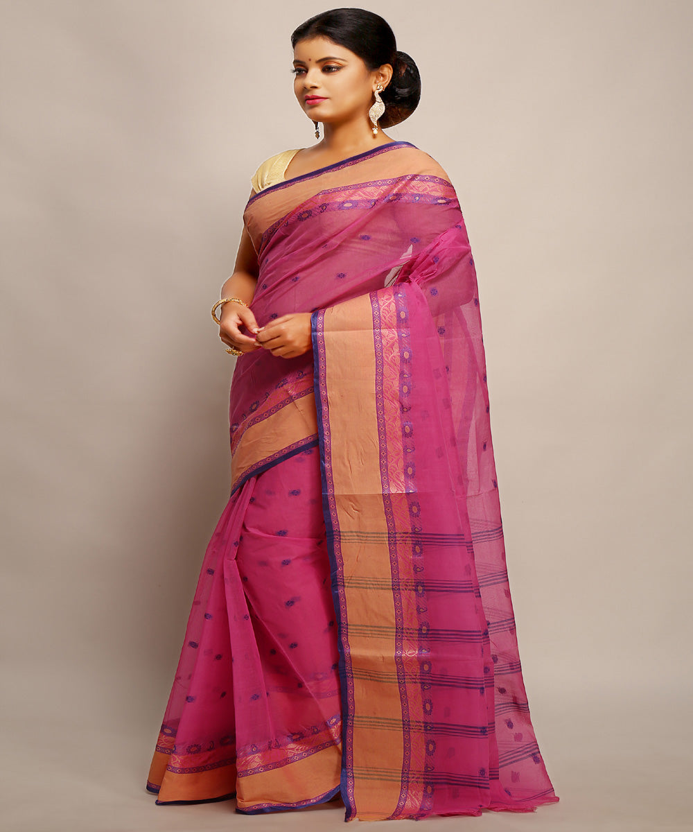 Pink beige handwoven tangail tant cotton bengal saree