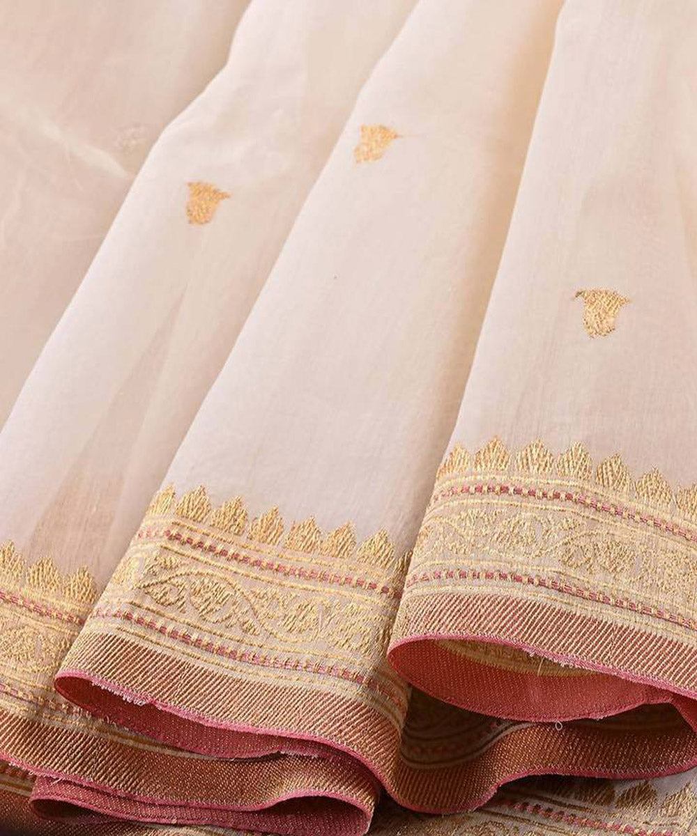 Cream handwoven pure banarasi saree in kora silk with kadua zari (gold & silver) buttis - kiara crafts