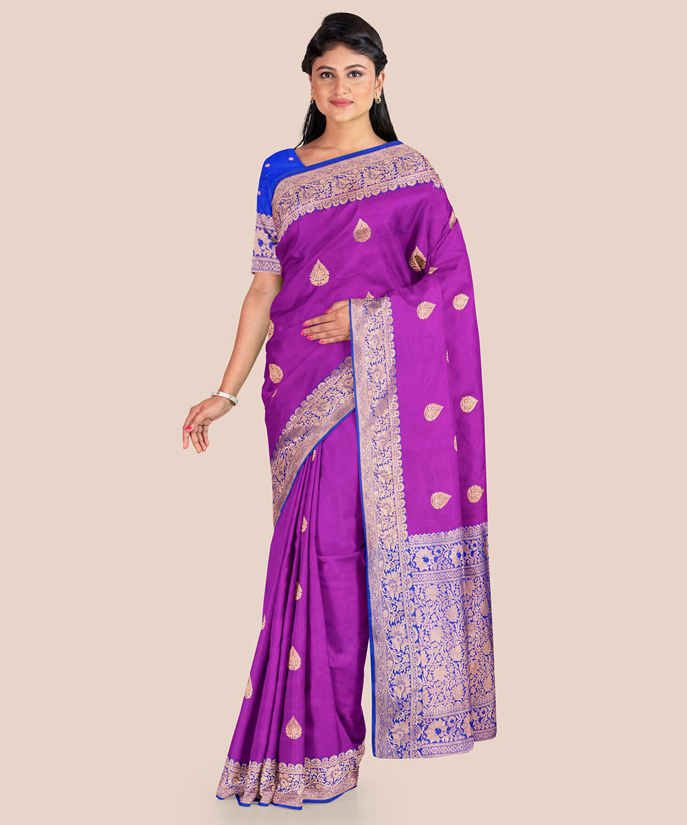 Purple and blue silk handloom banarasi saree