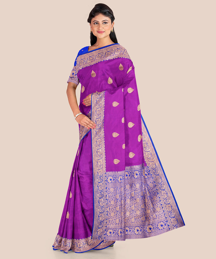 Purple and blue silk handloom banarasi saree