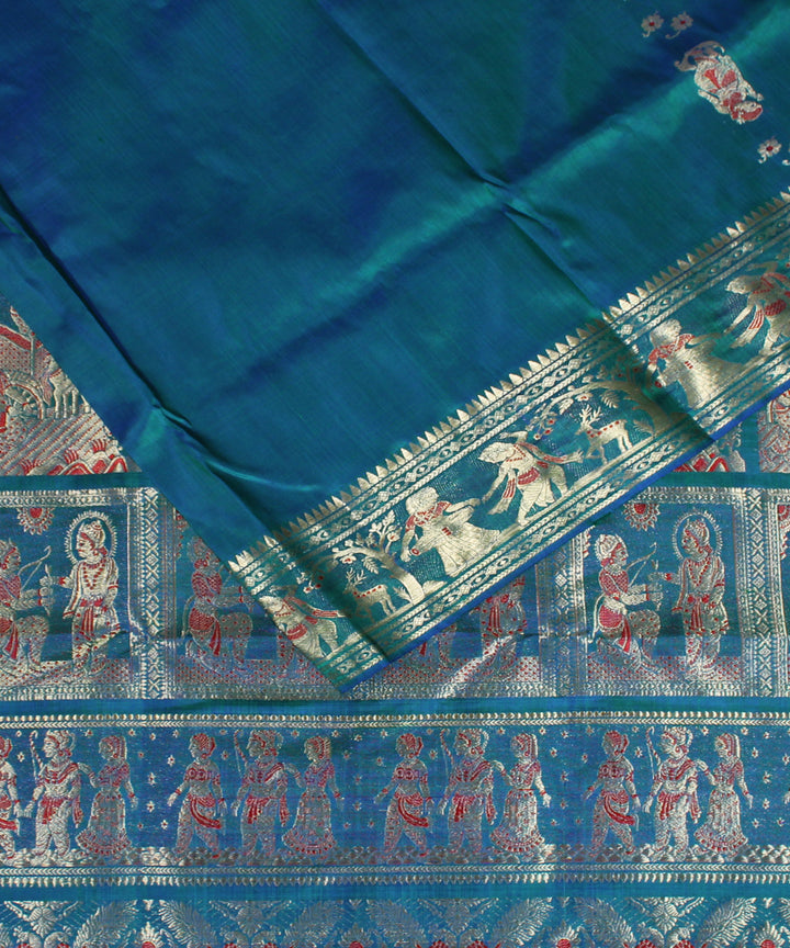 Dark turquoise handwoven silk baluchari saree