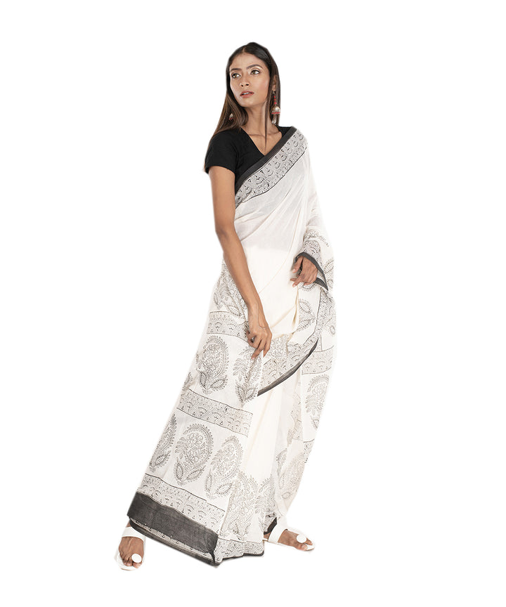 White black hand block print bengal cotton saree