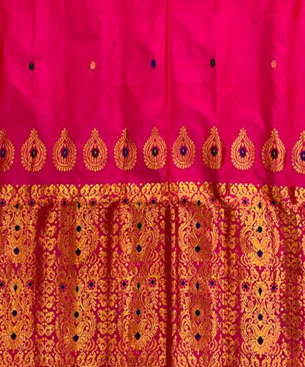Pink golden zari handloom silk assam saree