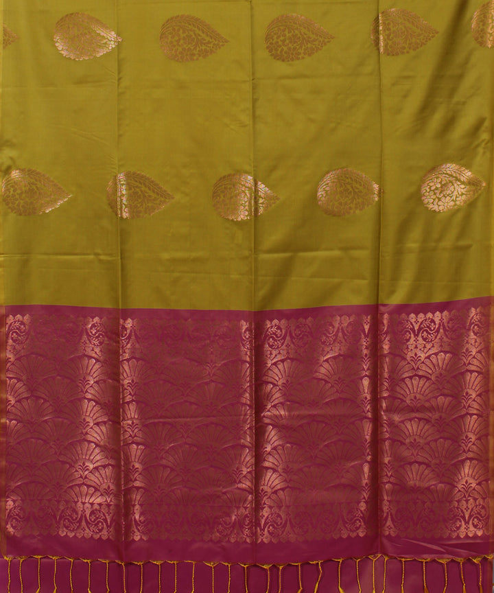 Olive green pink handwoven Karnataka soft silk saree
