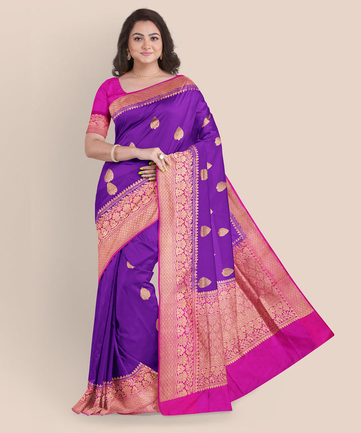 Purple and pink silk handloom banarasi saree