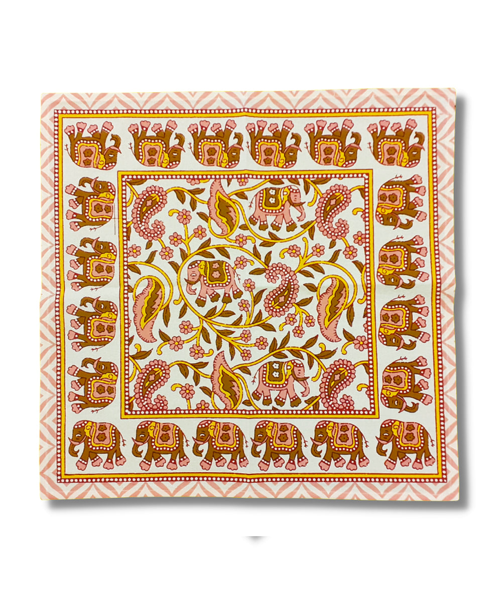 Beige hand block printed cotton table mat with napkin