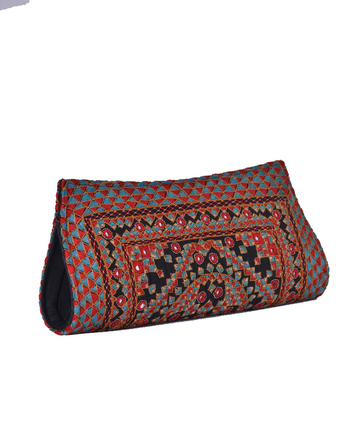 Black multi color kutchy hand embroidery silk clutch purse