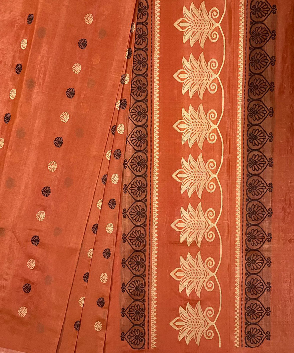 Rust orange handwoven extra weft tussar silk saree