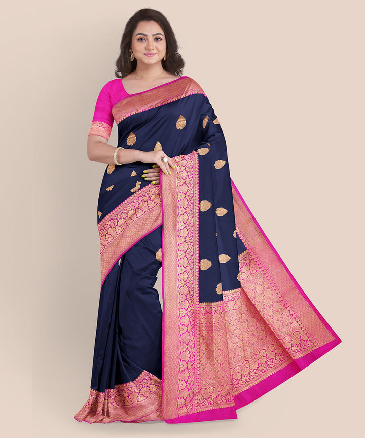 Navy blue and pink silk handloom banarasi saree