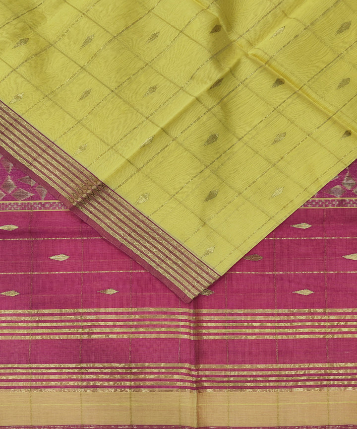Yellow pink handwoven cotton silk maheshwari saree
