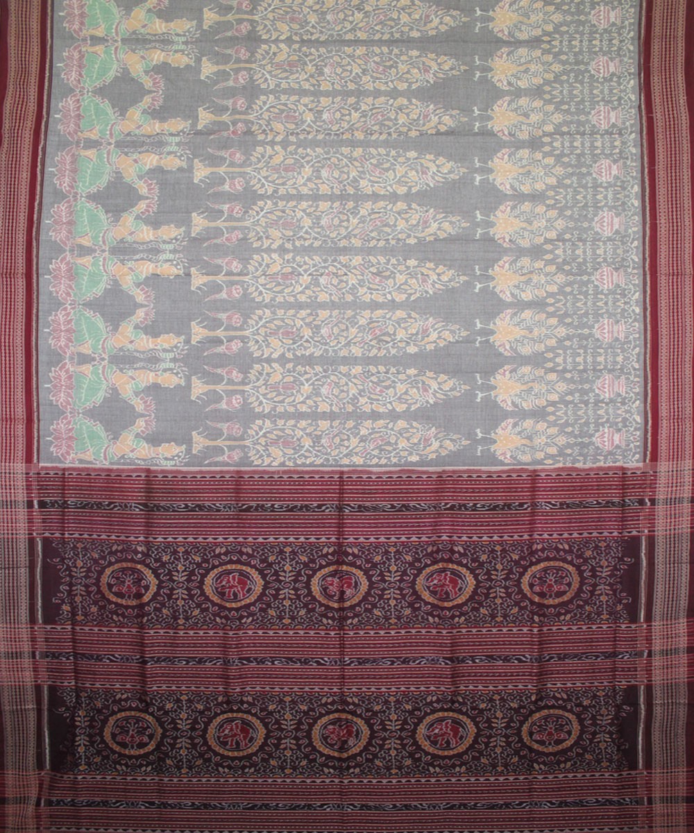 Handwoven Sambalpuri Ikat Cotton Saree in Offwhite and Maroon