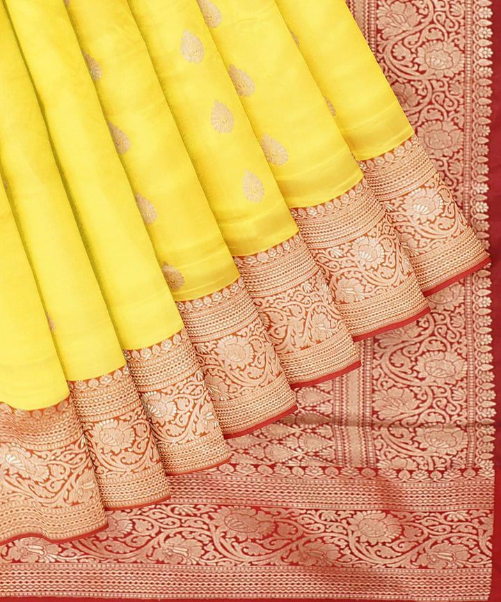 Yellow and red silk handloom banarasi saree