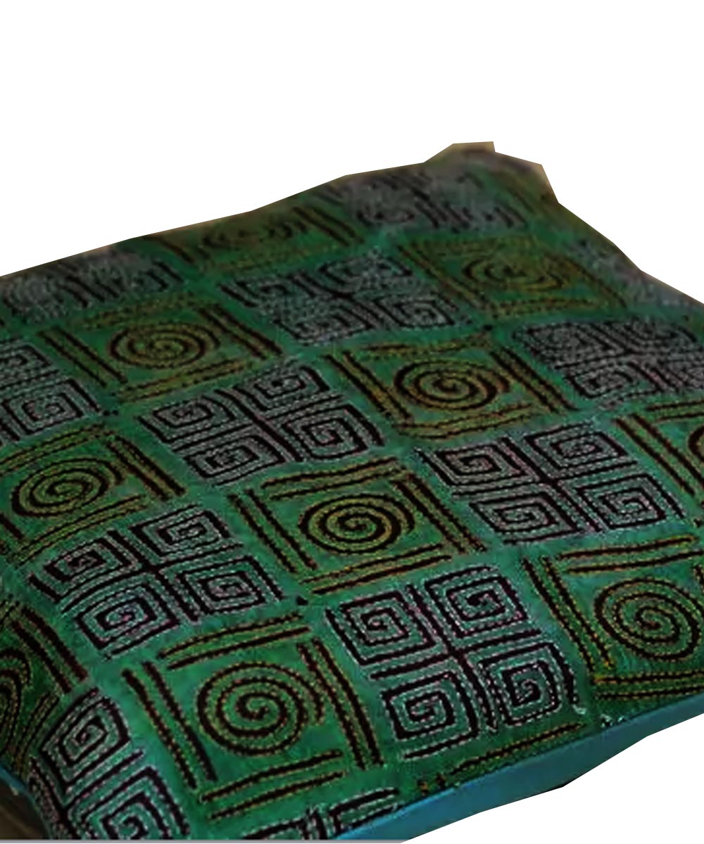 Blue green kantha stitch hand embroidery tussar silk cushion cover