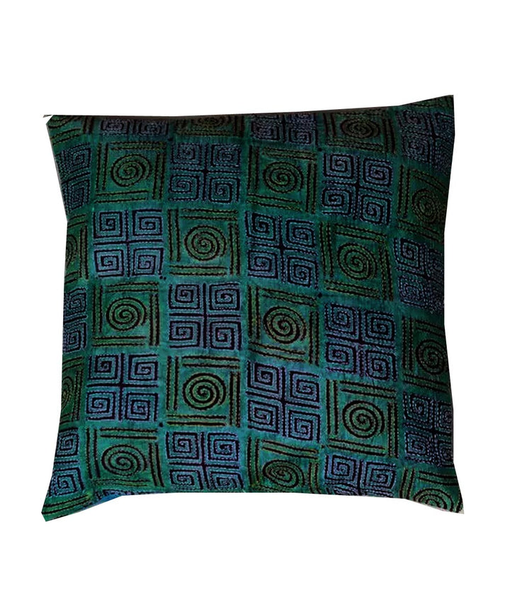 Blue green kantha stitch hand embroidery tussar silk cushion cover