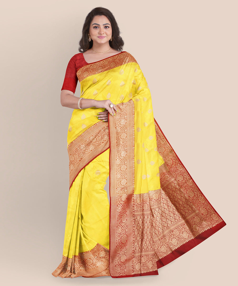 Yellow and red silk handloom banarasi saree