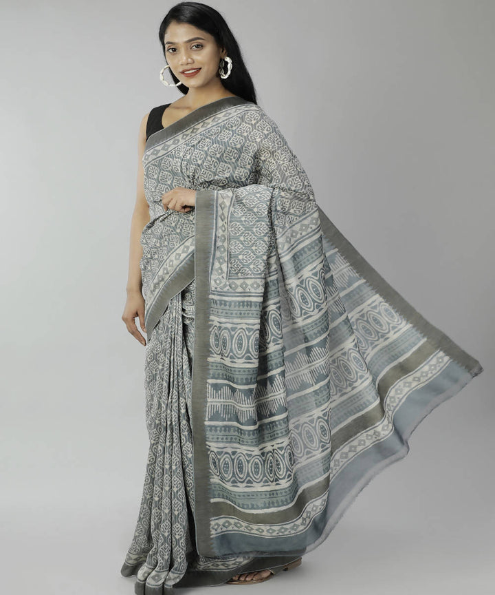 Dim grey bagru handblock printed cotton silk saree