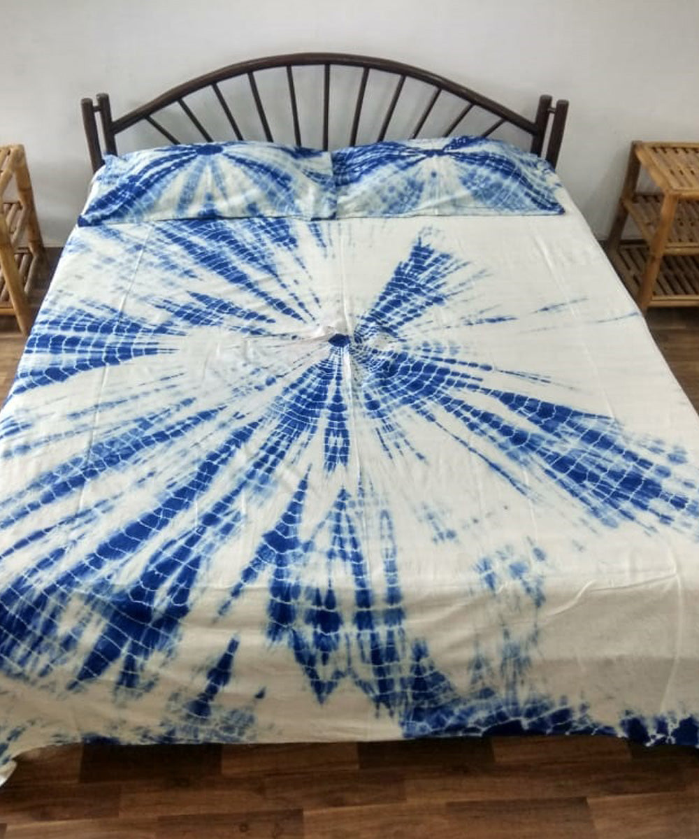 Indigo white handcrafted tie dye cotton double bedsheet