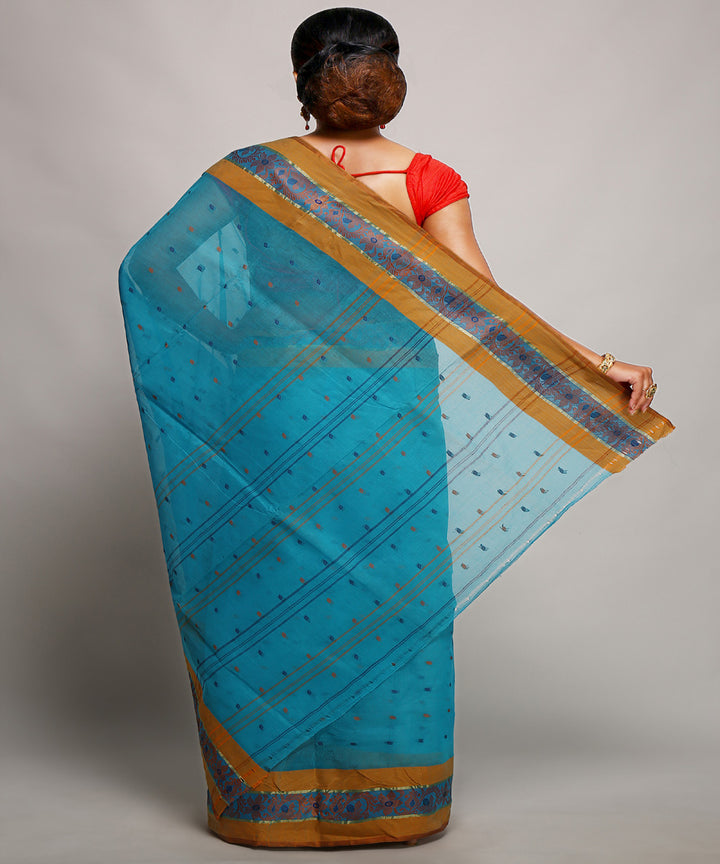 Turquoise handwoven tangail tant cotton bengal saree