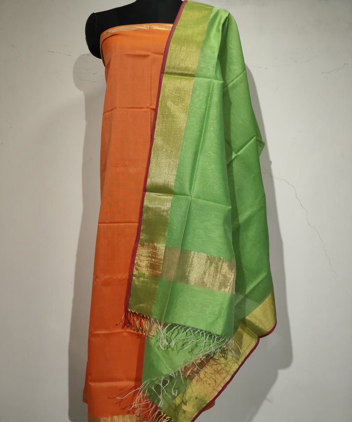 2pc Orange light green handloom maheshwari cotton silk dress material
