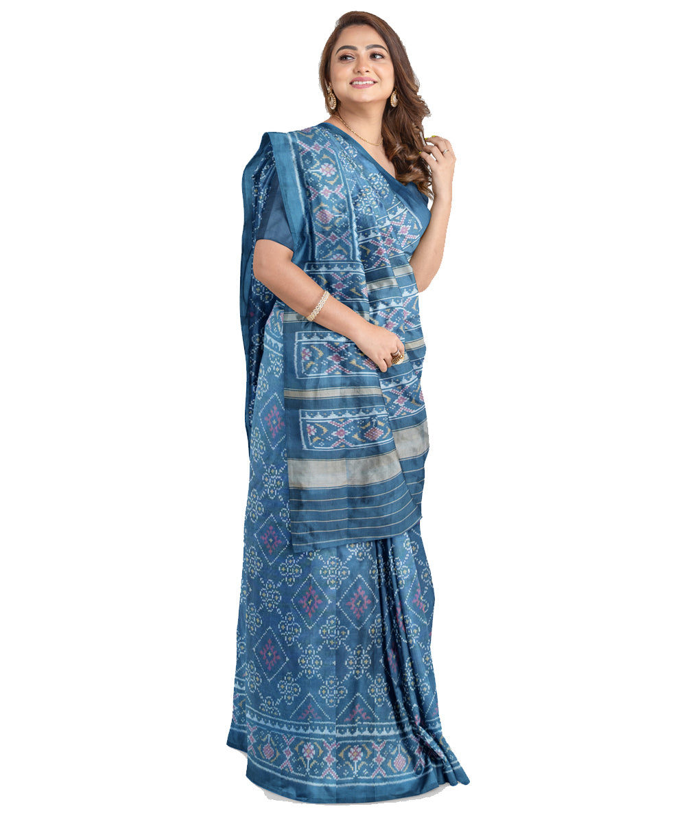 Blue hand woven cotton patola saree