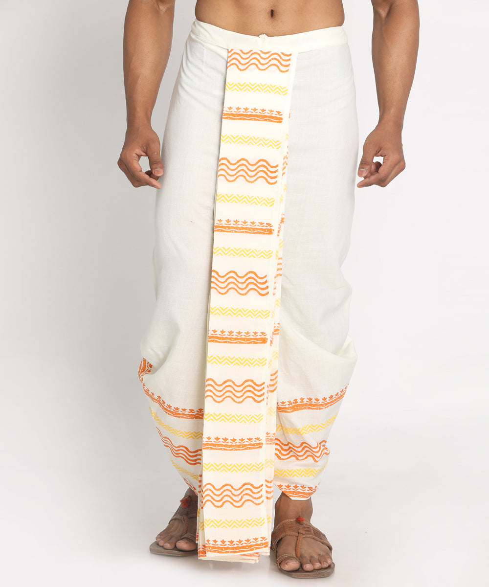 Cream cotton blend  ready to wear stitched handblock print dhoti