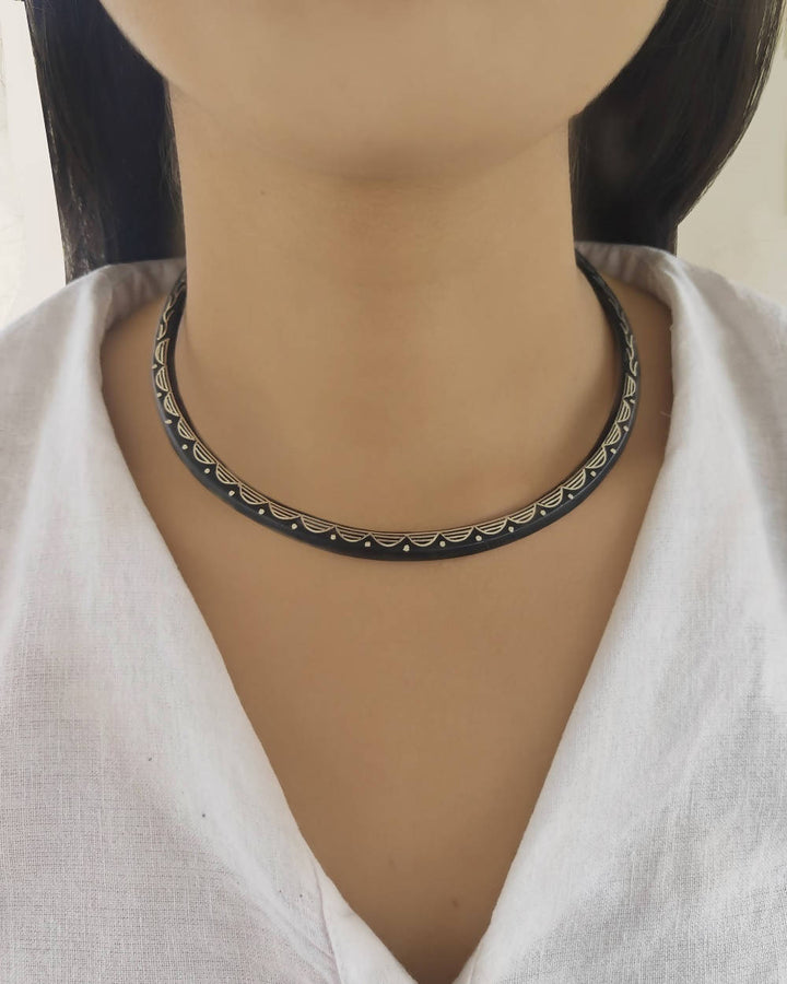 Handcrafted pure silver inlay bidri choker necklace