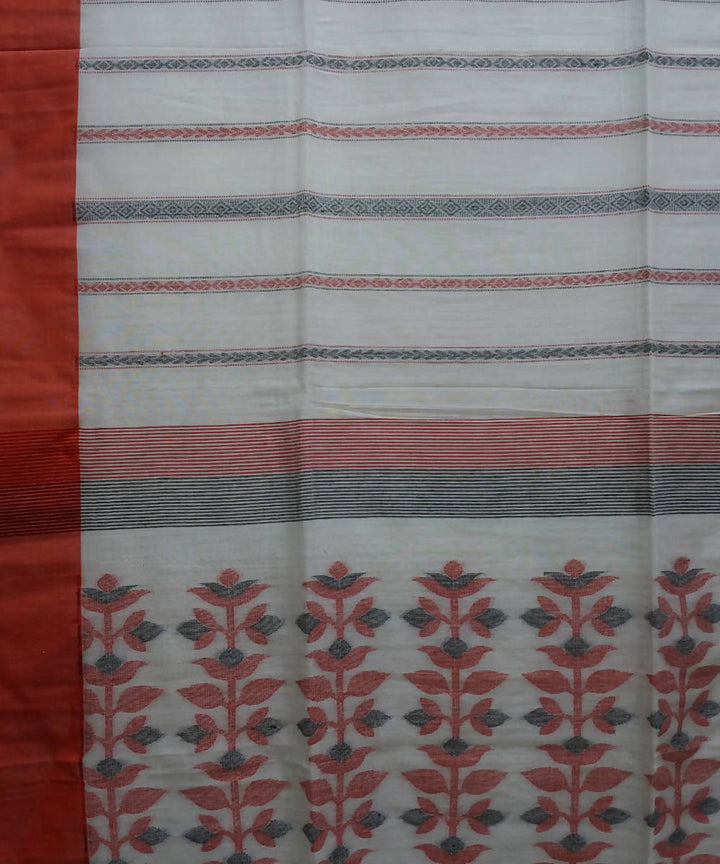 White and red handwoven cotton bengal saree