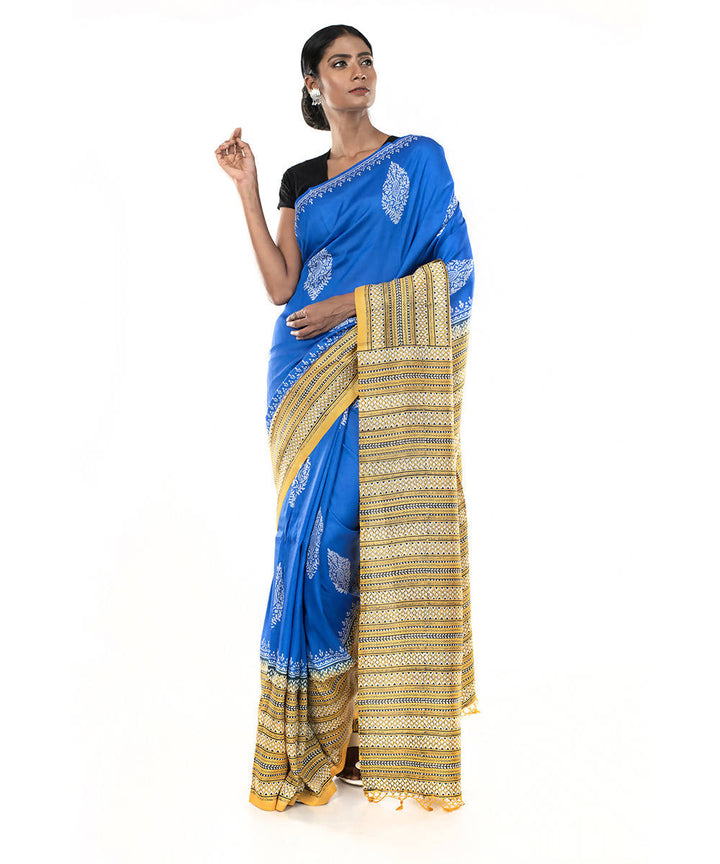 Blue yellow hand block print bengal silk saree