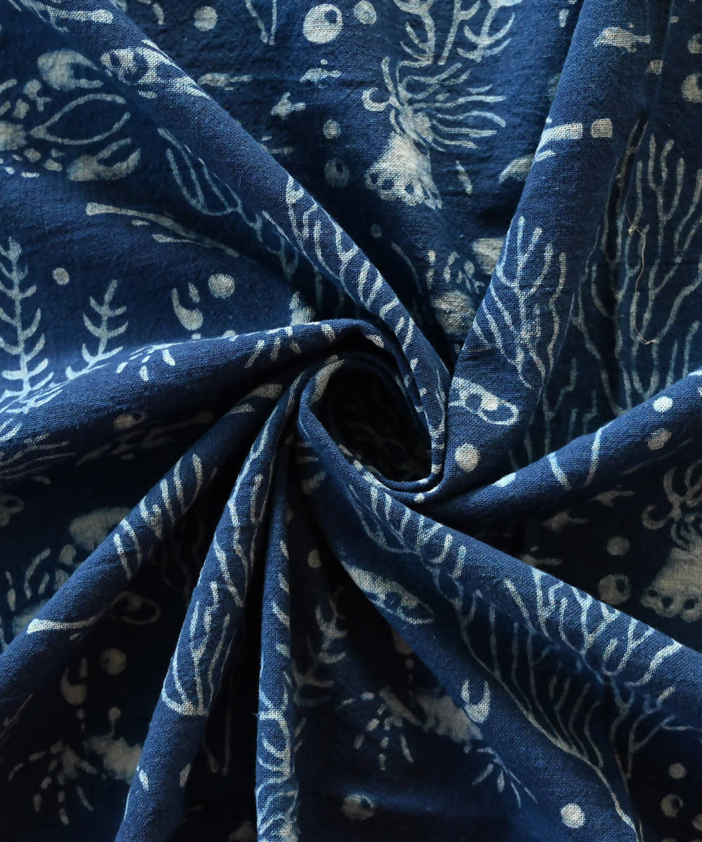 Dark indigo blue hand blockprint handspun handwoven cotton fabric