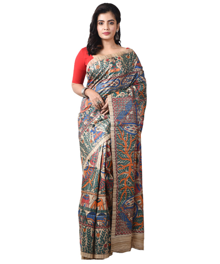 Beige multicolor bengal tussar silk hand painted madhubani saree