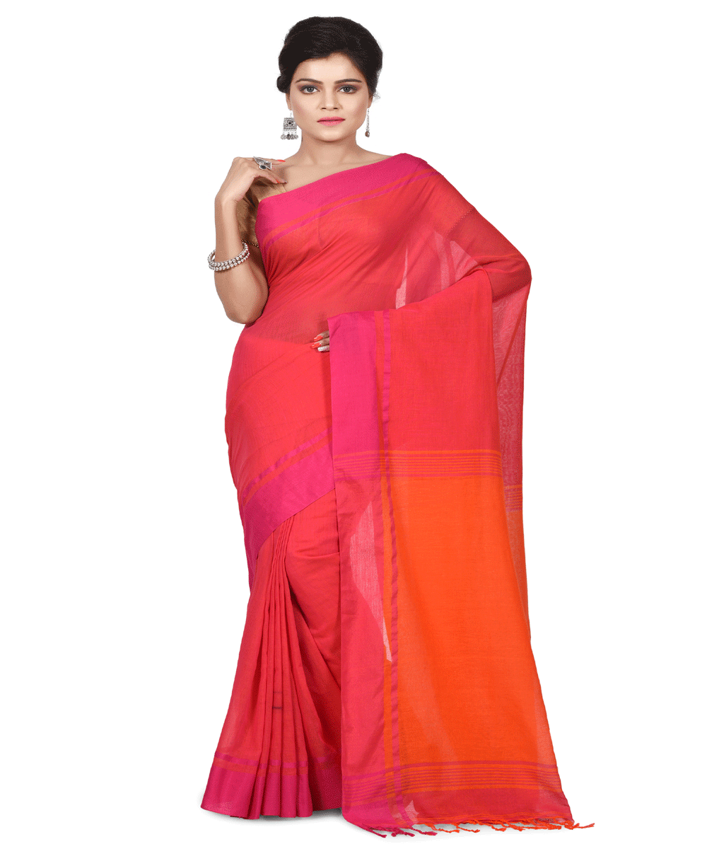 Handwoven Pink and Orange Bengal Cotton Saree