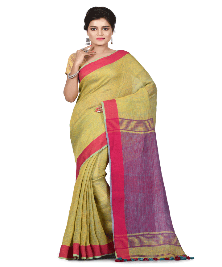 Handwoven Yellow Bengal Linen Saree