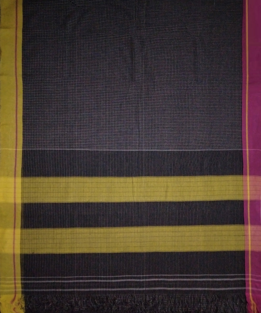 Black checks mustard pink border handwoven cotton patteda anchu saree