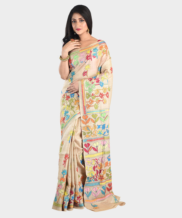 Beige multicolor tussar silk hand embroidery kantha stitch saree