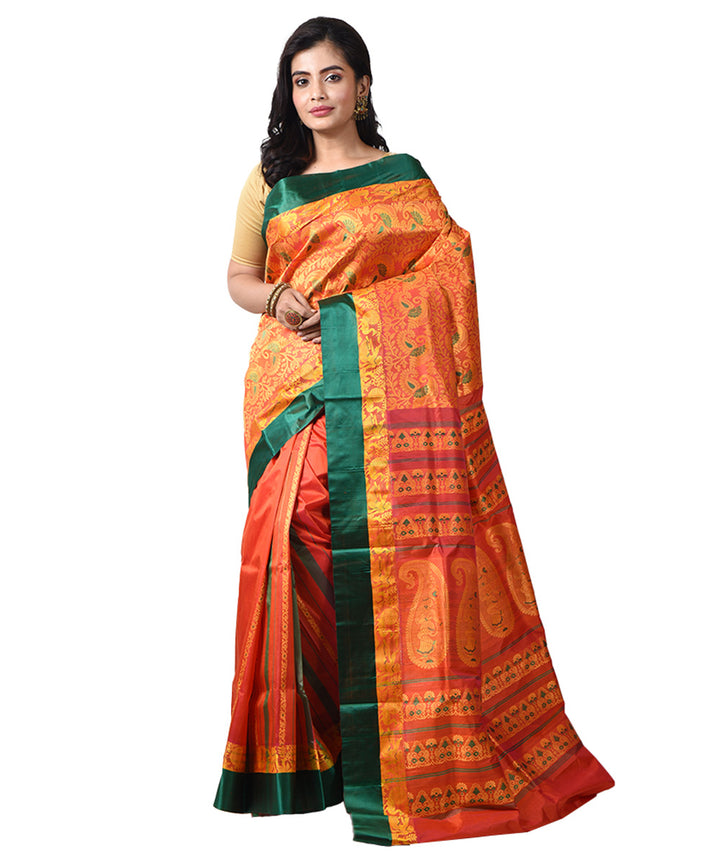 Mustard orange and dark green bengal handwoven silk garad saree