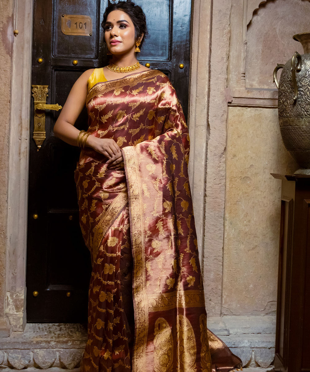 Maroon and golden silk handloom banarasi saree