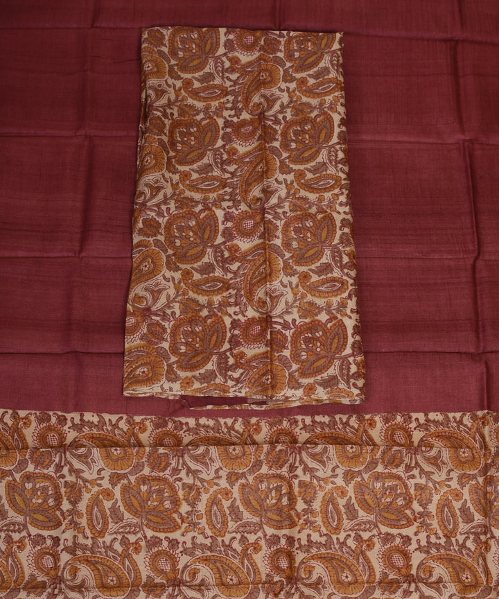 2pc Beige maroon handwoven tussar silk dress material with dupatta
