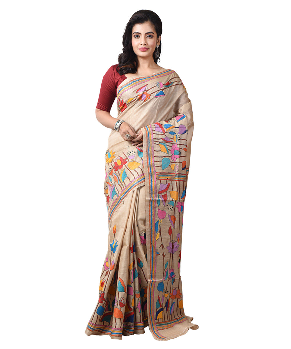 Bengal beige tussar silk hand embroidery kantha stitch saree