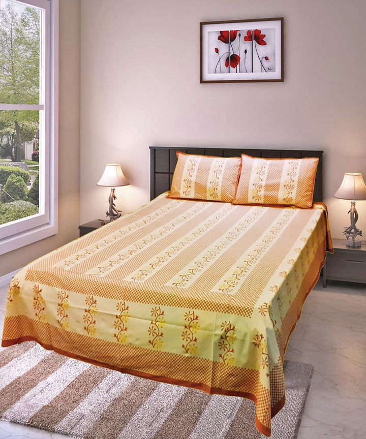 Off-white multi-color hand-block print cotton bed sheet with pillow covers