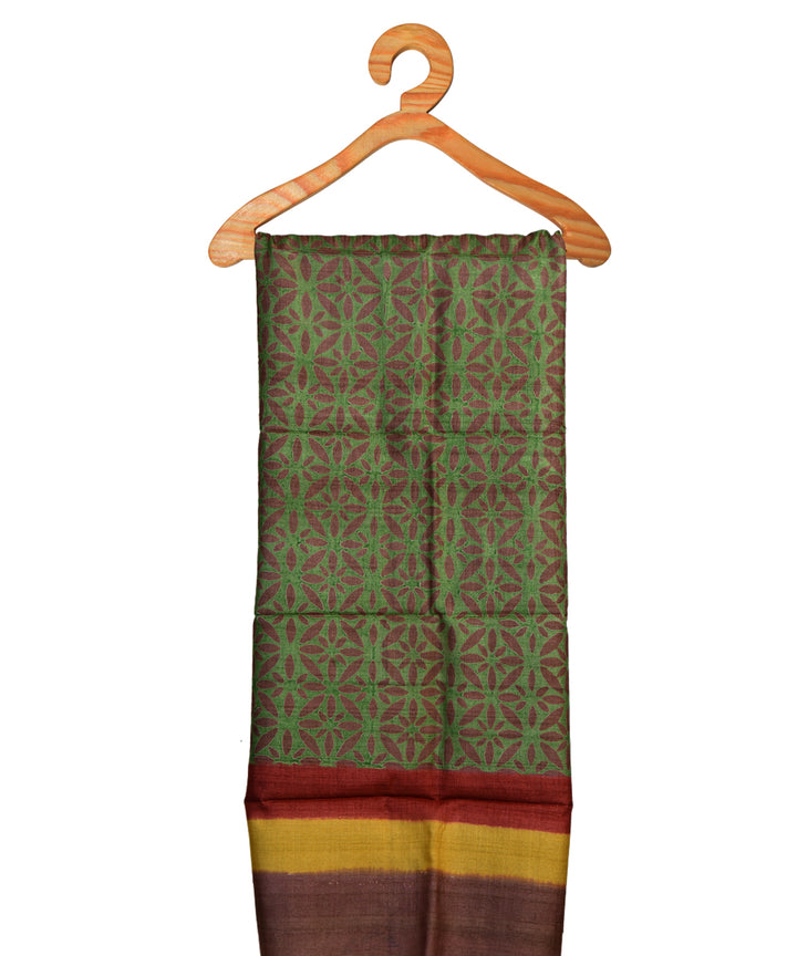 Dark green brown handwoven tussar silk kurta material